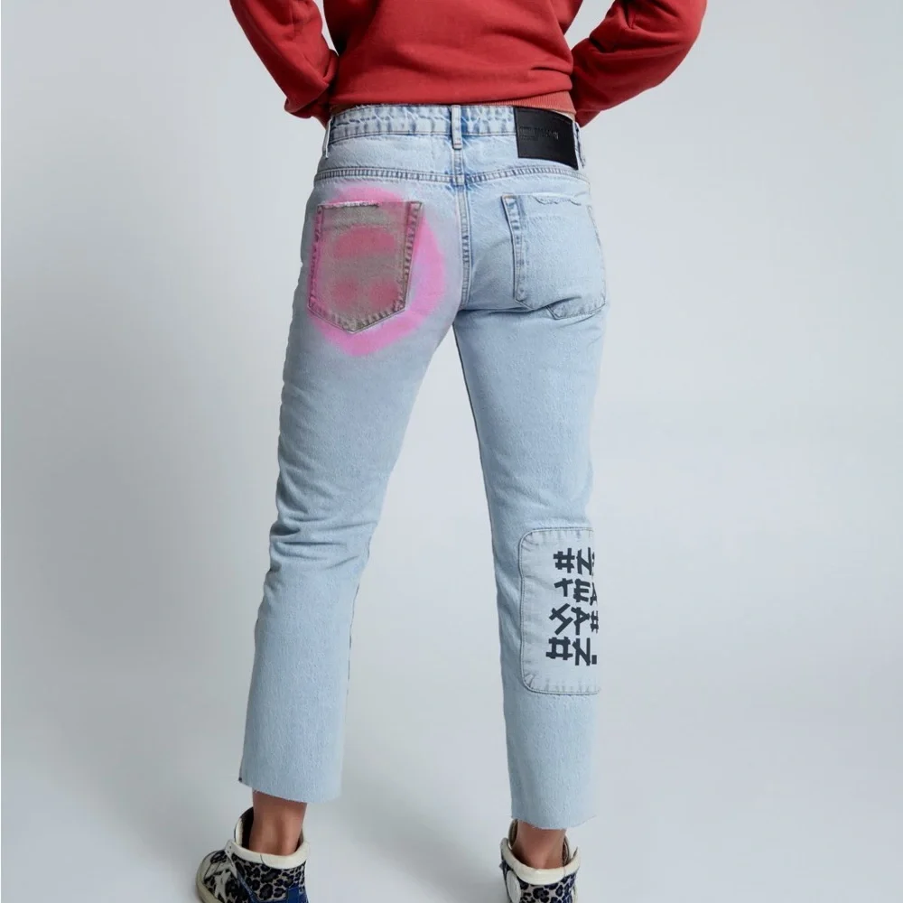 One Teaspoon Blue Graffiti Straight Leg Jeans Size 18 - Picture 6 of 16